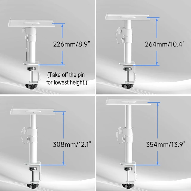 Alt view image 5 of 7 - Clamp-on Speaker Stand Desk Mount Set, Height Adjustment, Tilt, Swivel, 9.6 x 8.8 inch Trays, Universal Audio Holders for Computer and Bookshelf Speakers, Elevated Sound, 2 Pack, White, SDM001W