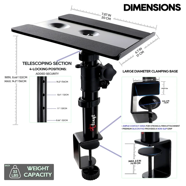 Alt view image 2 of 7 - Tlingt Clamp-on Desktop Speaker Stands, Desk Mount Set, Fits 5"-6" Speakers | Heavy-duty 9.5"x8.9" Metal Tray, ±10°Tilt & Height Adjusts for Wide Range of Monitor & Bookshelf Speakers, Laptops