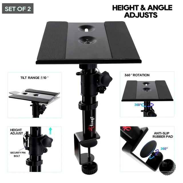Alt view image 3 of 7 - Tlingt Clamp-on Desktop Speaker Stands, Desk Mount Set, Fits 5"-6" Speakers | Heavy-duty 9.5"x8.9" Metal Tray, ±10°Tilt & Height Adjusts for Wide Range of Monitor & Bookshelf Speakers, Laptops