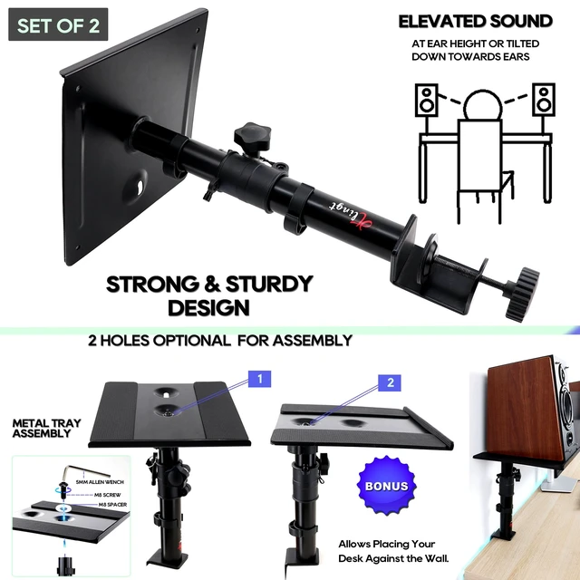 Alt view image 4 of 7 - Tlingt Clamp-on Desktop Speaker Stands, Desk Mount Set, Fits 5"-6" Speakers | Heavy-duty 9.5"x8.9" Metal Tray, ±10°Tilt & Height Adjusts for Wide Range of Monitor & Bookshelf Speakers, Laptops
