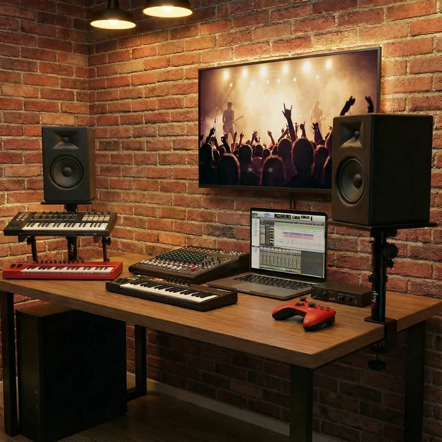 Alt view image 6 of 7 - Tlingt Clamp-on Desktop Speaker Stands, Desk Mount Set, Fits 5"-6" Speakers | Heavy-duty 9.5"x8.9" Metal Tray, ±10°Tilt & Height Adjusts for Wide Range of Monitor & Bookshelf Speakers, Laptops