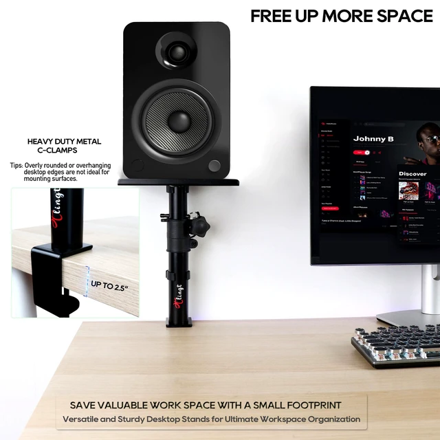 Alt view image 7 of 7 - Tlingt Clamp-on Desktop Speaker Stands, Desk Mount Set, Fits 5"-6" Speakers | Heavy-duty 9.5"x8.9" Metal Tray, ±10°Tilt & Height Adjusts for Wide Range of Monitor & Bookshelf Speakers, Laptops