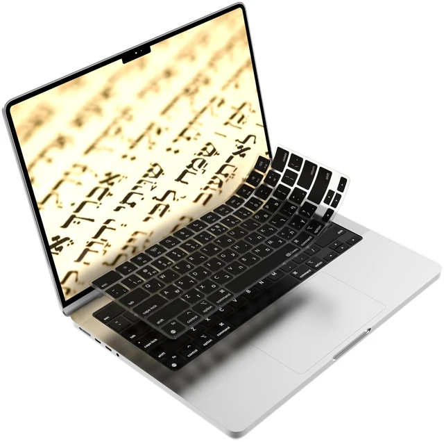 Main image of KB Covers Hebrew Keyboard Cover for MacBook Pro and Air, White Letters | Bilingual Hebrew-English Letters, Fits 14/16 Inch Pro 2021-2024 and 13/15 Inch Air 2022-2024, US Layout, Ultra-Thin TPU