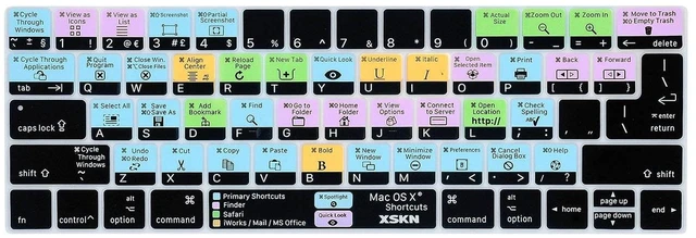Main image of XSKN Mac OS X Shortcut Silicone Keyboard Cover | Fits for 2016-2019 MacBook Pro 13" A2159 A1706 A1989 & 15" A1707 A1990, EU US Version, no fit for new M1/M2/M3 models