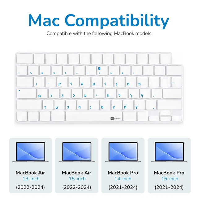Alt view image 3 of 6 - KB Covers Hebrew Keyboard Cover for MacBook Pro and Air, Blue Overlay | Bilingual Hebrew-English Letters, Fits 14/16 Inch Pro 2021-2024 and 13/15 Inch Air 2022-2024, US Layout, Ultra-Thin TPU