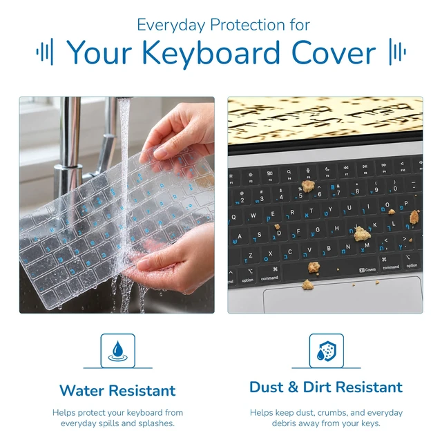 Alt view image 4 of 6 - KB Covers Hebrew Keyboard Cover for MacBook Pro and Air, Blue Overlay | Bilingual Hebrew-English Letters, Fits 14/16 Inch Pro 2021-2024 and 13/15 Inch Air 2022-2024, US Layout, Ultra-Thin TPU