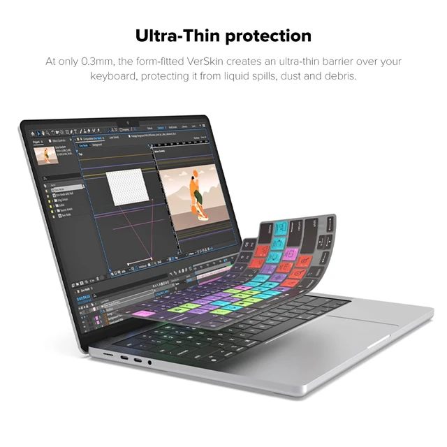 Alt view image 3 of 7 - Adobe After Effects Shortcut Guide Keyboard Cover for Apple MacBook | 80+ Color-Coded AE motion/VFX Hotkeys, Washable, US Layout; Fits MacBook Pro 14 & 16 inch M1-M5, Air 13 & 15 inch M2-M5 & Neo