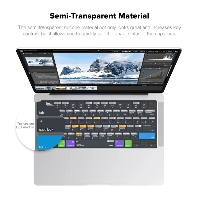 Alt view image 4 of 7 - JCPal Adobe Lightroom Shortcut Guide Keyboard Cover for MacBook Pro/Air/Neo | 100+ Color-Coded Lightroom Classic Hotkeys, US Layout; Fits MacBook Pro 14 & 16 inch M1-M5, Air 13 & 15 inch M2-M5 & Neo