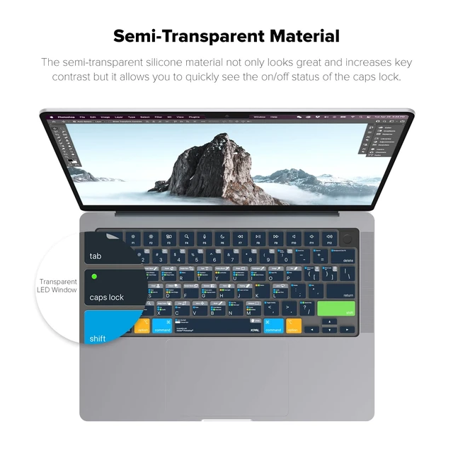 Alt view image 4 of 7 - JCPal Adobe Photoshop Shortcut Guide Keyboard Cover for MacBook Pro/Air/Neo | Color-Coded Shortcuts for Speed Editing, US Layout; Fits MacBook Pro 14 & 16 inch M1-M5, Air 13 & 15 inch M2-M5 & Neo