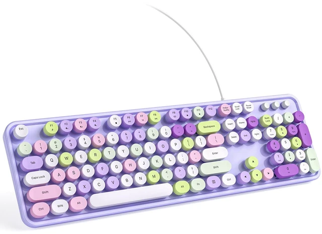 Main image of KNOWSQT Wired Computer Keyboard - Purple Colorful Retro Full Size Round Keycaps Plug and Play Typewriter Cute Keyboards for Windows, Laptop, PC, Desktop, Computer
