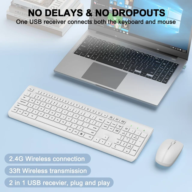 Alt view image 2 of 7 - Wireless Keyboard and Mouse Combo, Full-Size Silent Ergonomic Keyboard and Optical Mouse, Long Battery Life, 2.4G Lag-Free Mice Keyboard for Computer, Mac, Laptop, PC, Windows(White)