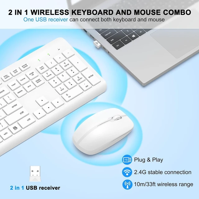 Alt view image 3 of 7 - Wireless Keyboard and Mouse Combo, Full-Size Silent Ergonomic Keyboard and Optical Mouse, Long Battery Life, 2.4G Lag-Free Mice Keyboard for Computer, Mac, Laptop, PC, Windows(White)