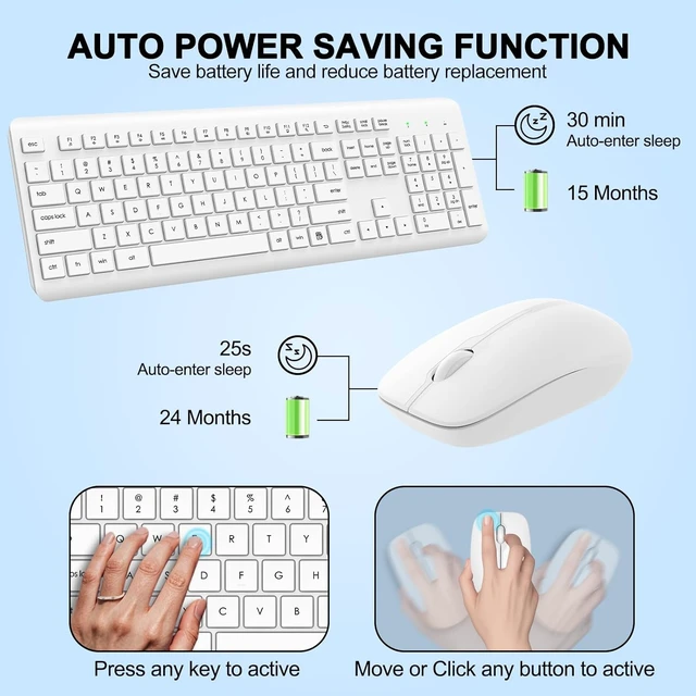 Alt view image 5 of 7 - Wireless Keyboard and Mouse Combo, Full-Size Silent Ergonomic Keyboard and Optical Mouse, Long Battery Life, 2.4G Lag-Free Mice Keyboard for Computer, Mac, Laptop, PC, Windows(White)