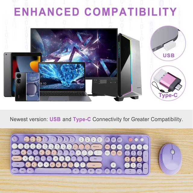 Alt view image 2 of 7 - SkyGive Wireless Keyboard and Mouse Combo, Ergonomic Full Size Typewriter Retro Round Keycaps Keyboard, Compatible with Windows, PC, Perfer for Home and Office Keyboards (Lavender Purple