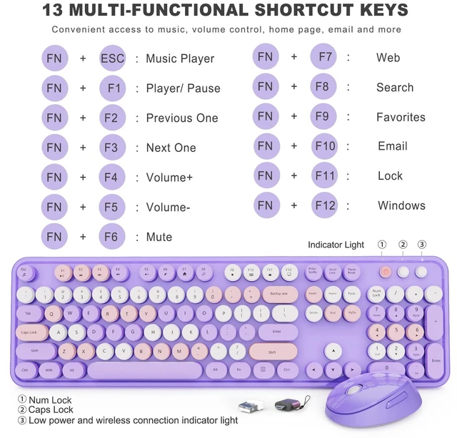 Alt view image 4 of 7 - SkyGive Wireless Keyboard and Mouse Combo, Ergonomic Full Size Typewriter Retro Round Keycaps Keyboard, Compatible with Windows, PC, Perfer for Home and Office Keyboards (Lavender Purple