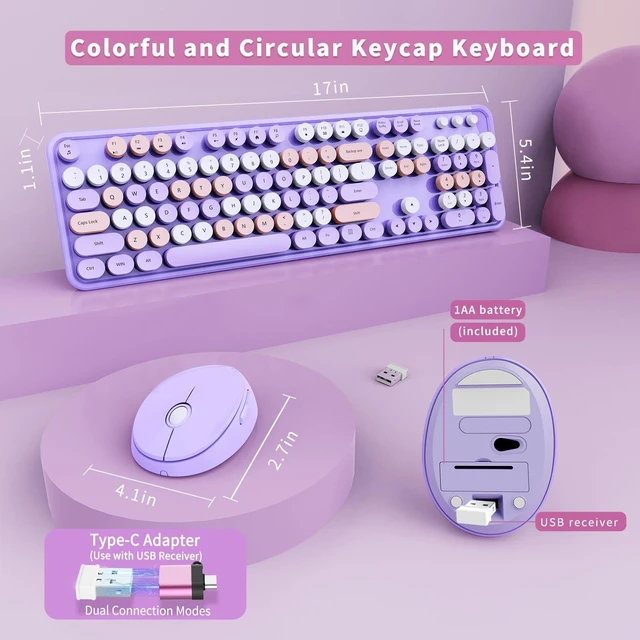 Alt view image 5 of 7 - SkyGive Wireless Keyboard and Mouse Combo, Ergonomic Full Size Typewriter Retro Round Keycaps Keyboard, Compatible with Windows, PC, Perfer for Home and Office Keyboards (Lavender Purple