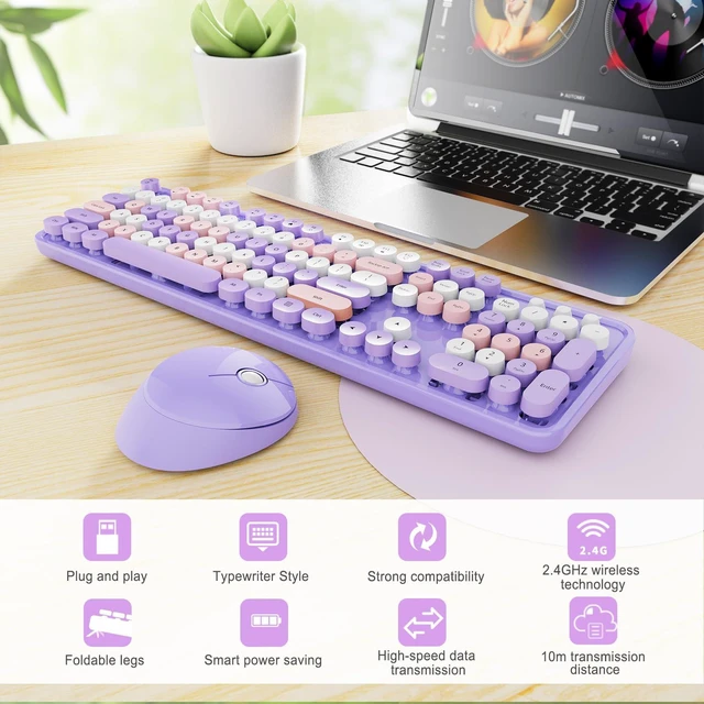 Alt view image 3 of 7 - SkyGive Wireless Keyboard and Mouse Combo, Ergonomic Full Size Typewriter Retro Round Keycaps Keyboard, Compatible with Windows, PC, Perfer for Home and Office Keyboards (Lavender Purple