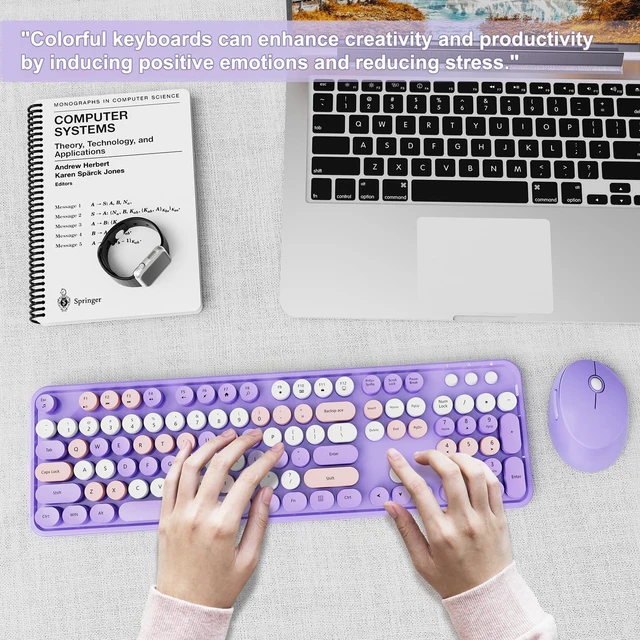 Alt view image 7 of 7 - SkyGive Wireless Keyboard and Mouse Combo, Ergonomic Full Size Typewriter Retro Round Keycaps Keyboard, Compatible with Windows, PC, Perfer for Home and Office Keyboards (Lavender Purple