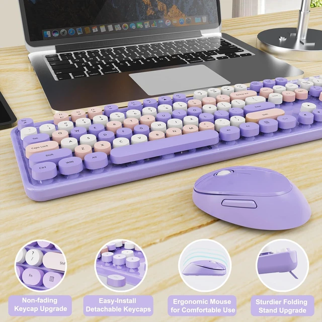 Alt view image 6 of 7 - SkyGive Wireless Keyboard and Mouse Combo, Ergonomic Full Size Typewriter Retro Round Keycaps Keyboard, Compatible with Windows, PC, Perfer for Home and Office Keyboards (Lavender Purple