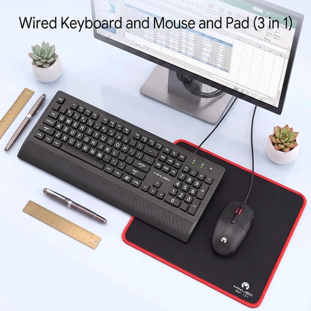 Alt view image 2 of 7 - MIKUSO Large Print Wired Keyboard and Mouse Combo,Ergonomic with Palm Rest | 4 in 1 Set,Full Size Numpad,Ergonomic Wrist Rest,Dust Cover,Computer Optical Corded Mouse,for Windows,Desktop/Laptop/PC