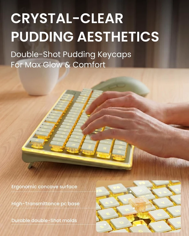 Alt view image 2 of 7 - Wireless Keyboard and Mouse Combo with Warm Backlit, Rechargeable-Green | Dual Mode Bluetooth & 2.4G, Multi-Device, Pudding Keycaps, Soft Click Typing, Full-size Desk Set for Laptop, PC, Windows