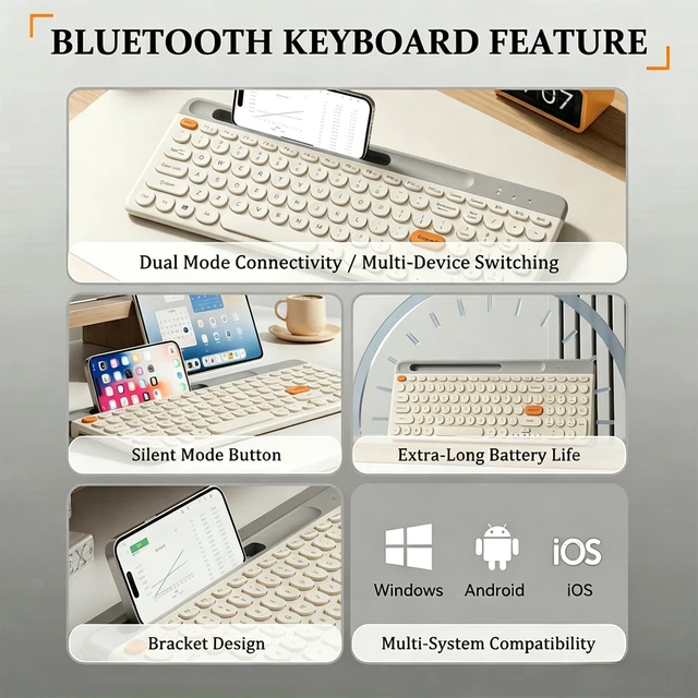 Alt view image 2 of 7 - Bluetooth Keyboard Mouse Combo, Dual Multi-Device Wireless Keyboard with Phone Holder, Ultra-Compact 78-Key Layout, Quiet Keys & Rechargeable, for Windows PC Laptop (White)