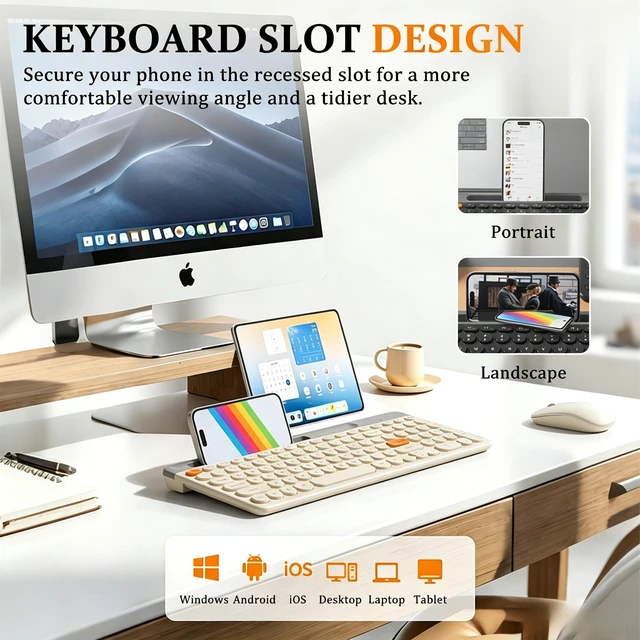 Alt view image 6 of 7 - Bluetooth Keyboard Mouse Combo, Dual Multi-Device Wireless Keyboard with Phone Holder, Ultra-Compact 78-Key Layout, Quiet Keys & Rechargeable, for Windows PC Laptop (White)