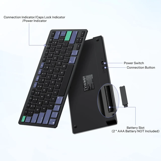 Alt view image 3 of 7 - Wireless Keyboard for Mac, Bluetooth Stable, No Numpad, Travel Size | macOS Hotkeys, AAA Battery Powered, Compact for Coffee Shop Office, Ergonomic for MacBook Pro/Air/iMac, Black & Green & Blue