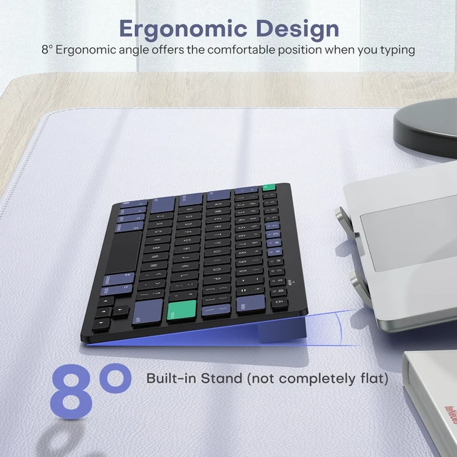 Alt view image 5 of 7 - Wireless Keyboard for Mac, Bluetooth Stable, No Numpad, Travel Size | macOS Hotkeys, AAA Battery Powered, Compact for Coffee Shop Office, Ergonomic for MacBook Pro/Air/iMac, Black & Green & Blue