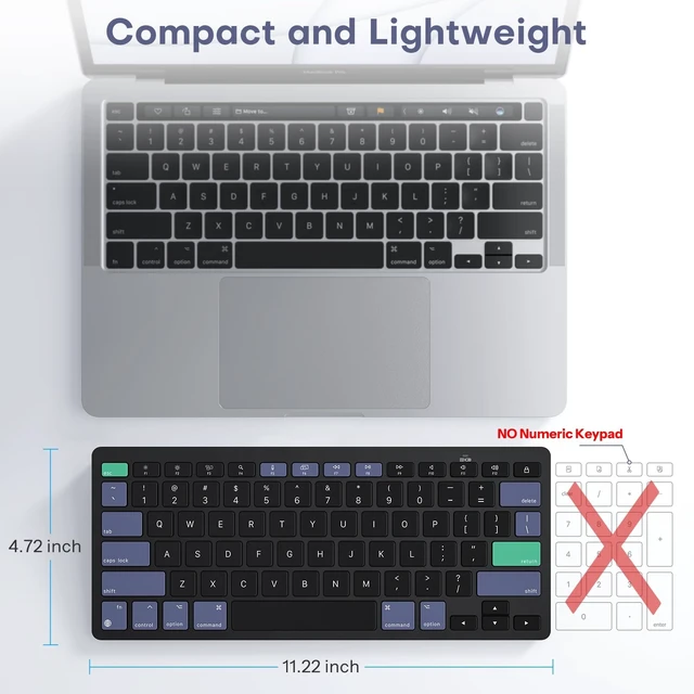 Alt view image 7 of 7 - Wireless Keyboard for Mac, Bluetooth Stable, No Numpad, Travel Size | macOS Hotkeys, AAA Battery Powered, Compact for Coffee Shop Office, Ergonomic for MacBook Pro/Air/iMac, Black & Green & Blue