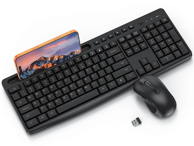 Main image of OMOTON Wireless Keyboard and Mouse Combo,2.4GHz USB Receiver & Phone Holder | Silent Typing for Home/Office, Adjustable DPI Mouse and Full Size Keyboard for Windows/Computer/PC, Dark Black