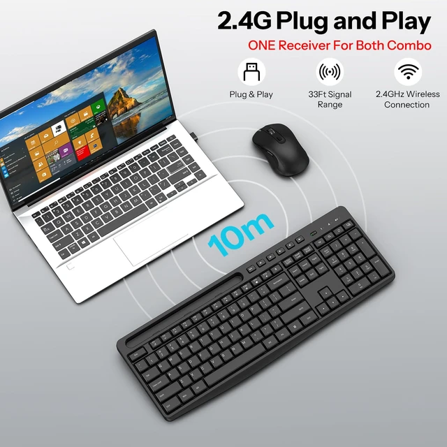 Alt view image 2 of 7 - OMOTON Wireless Keyboard and Mouse Combo,2.4GHz USB Receiver & Phone Holder | Silent Typing for Home/Office, Adjustable DPI Mouse and Full Size Keyboard for Windows/Computer/PC, Dark Black