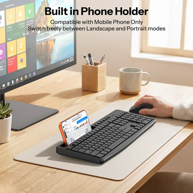 Alt view image 3 of 7 - OMOTON Wireless Keyboard and Mouse Combo,2.4GHz USB Receiver & Phone Holder | Silent Typing for Home/Office, Adjustable DPI Mouse and Full Size Keyboard for Windows/Computer/PC, Dark Black