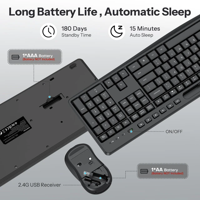 Alt view image 4 of 7 - OMOTON Wireless Keyboard and Mouse Combo,2.4GHz USB Receiver & Phone Holder | Silent Typing for Home/Office, Adjustable DPI Mouse and Full Size Keyboard for Windows/Computer/PC, Dark Black