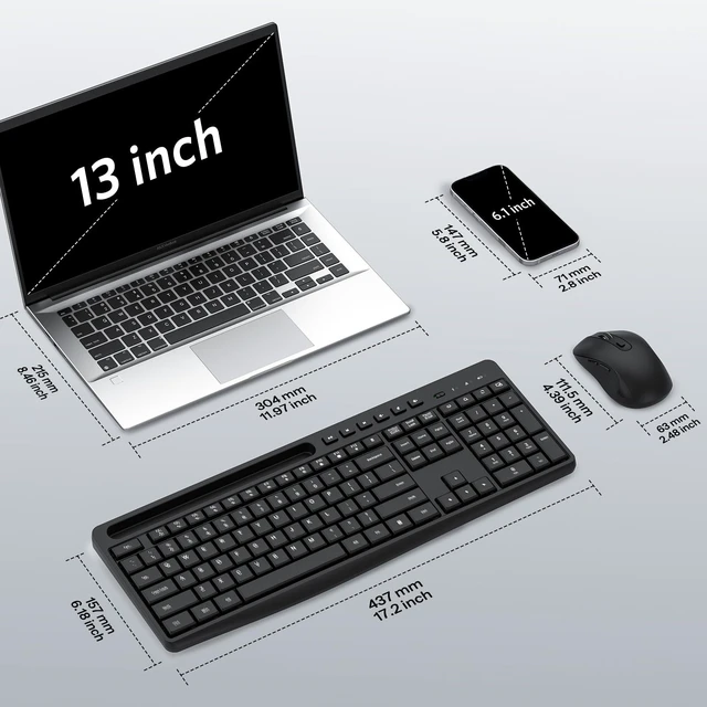 Alt view image 7 of 7 - OMOTON Wireless Keyboard and Mouse Combo,2.4GHz USB Receiver & Phone Holder | Silent Typing for Home/Office, Adjustable DPI Mouse and Full Size Keyboard for Windows/Computer/PC, Dark Black