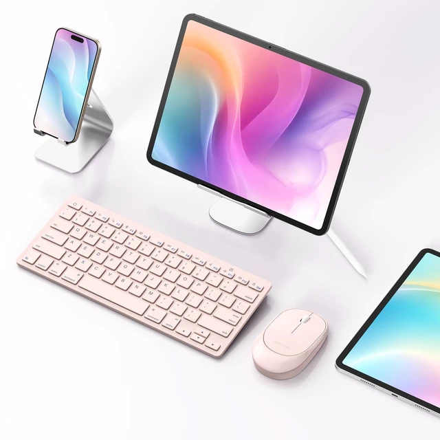 Alt view image 5 of 7 - OMOTON Bluetooth Keyboard and Mouse for iPad, Slim & Silent, Pink | Wireless keyboard & mouse for iPad. Slim design, quiet typing & silent clicks. Ideal for students, office & home use