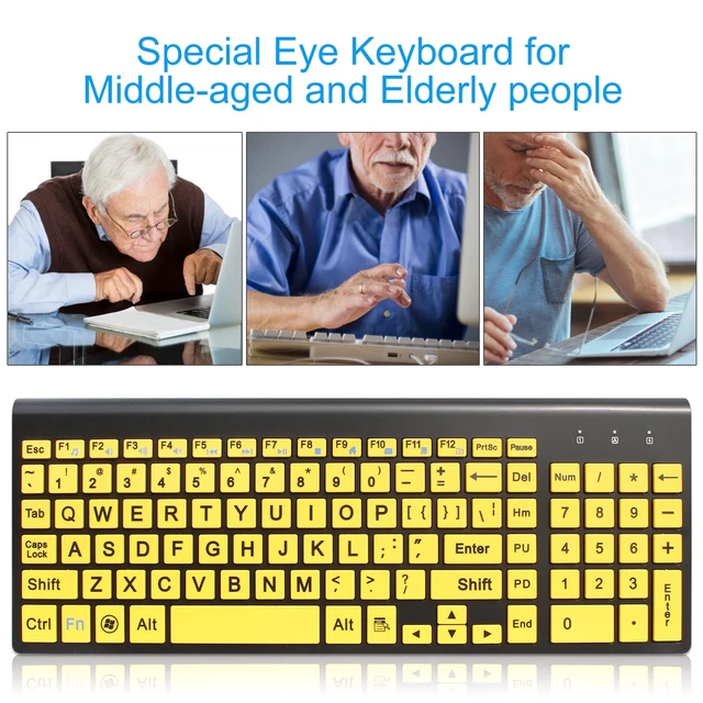 Alt view image 2 of 7 - HXMJ-Wireless Large Print Keyboard and Mouse Set with USB Receiver| Quiet Scissor Switch | for Seniors and Visually Impaired Low Vision Individuals-Yellow