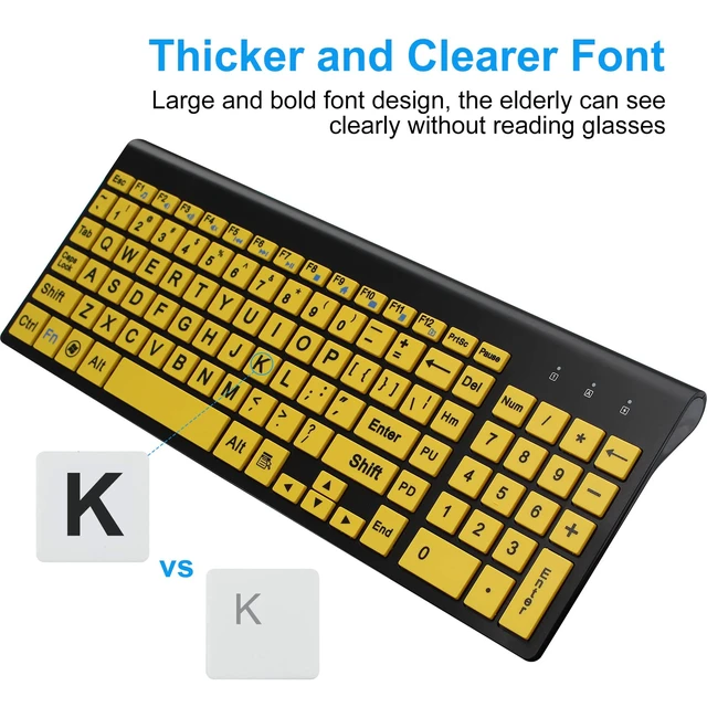 Alt view image 3 of 7 - HXMJ-Wireless Large Print Keyboard and Mouse Set with USB Receiver| Quiet Scissor Switch | for Seniors and Visually Impaired Low Vision Individuals-Yellow