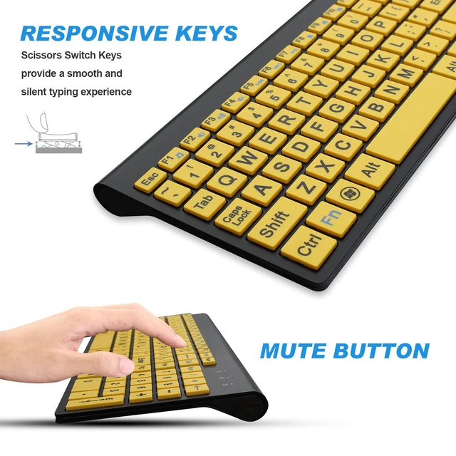 Alt view image 5 of 7 - HXMJ-Wireless Large Print Keyboard and Mouse Set with USB Receiver| Quiet Scissor Switch | for Seniors and Visually Impaired Low Vision Individuals-Yellow