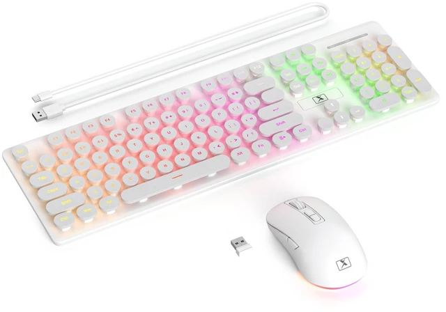 Alt view image 7 of 7 - White Wireless Keyboard and Mouse, Typewriter Rechargeable Backlit Cute Keyboard with Round Keycaps, Soft Typing, Sleep Mode, 2.4GHz Full Size Wireless Quiet Key Board for Computer, Laptop, PC (White)