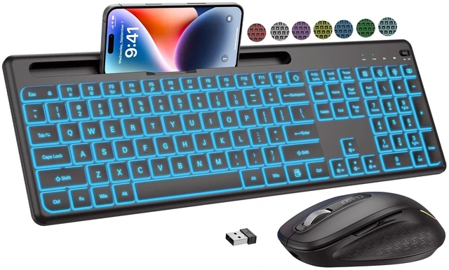 Main image of Wireless Keyboard and Mouse Combo with 10 Colored Backlits, Phone Holder | Rechargeable Ergonomic Keyboard with Light Up Letters, Silent Lighted Full Size Keyboard Mice Combo Computer, Mac, PC, Laptop