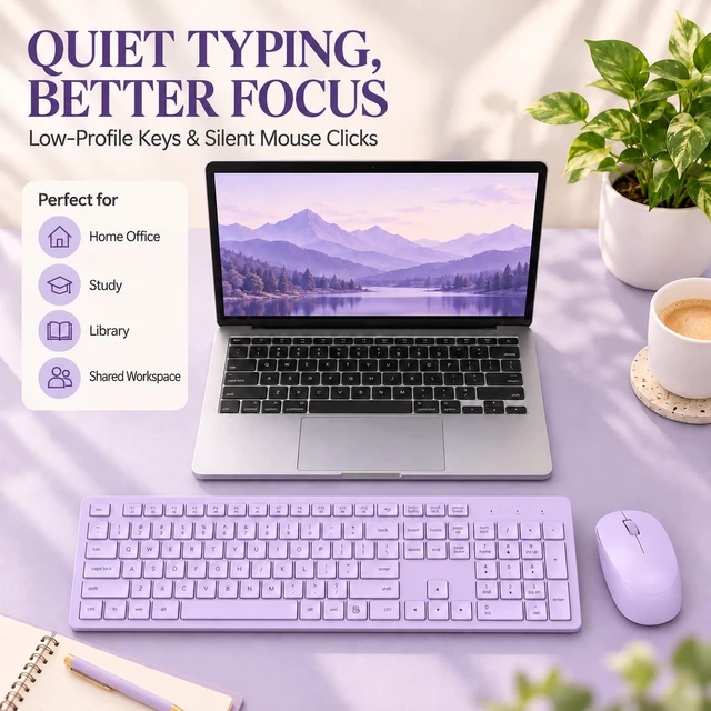 Alt view image 2 of 7 - LeadsaiL Purple Wireless Keyboard and Mouse Combo, Full-Sized Ergonomic Computer Keyboard, 2.4GHz USB Cordless Keyboard Silent Mouse Set, 12 FN Shortcuts for Windows MacOS Laptop Computer