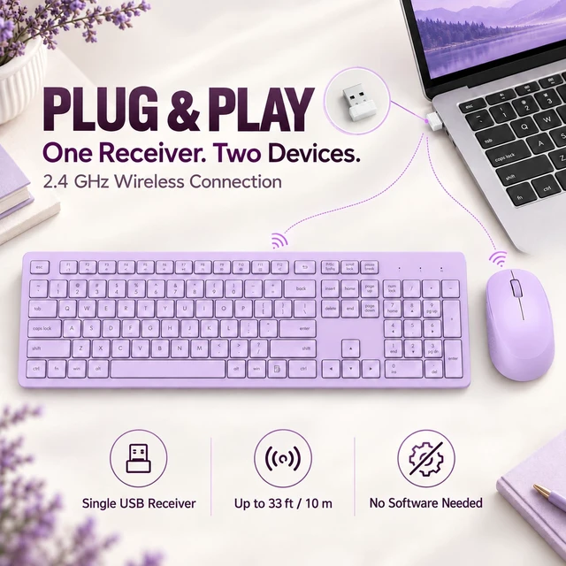 Alt view image 3 of 7 - LeadsaiL Purple Wireless Keyboard and Mouse Combo, Full-Sized Ergonomic Computer Keyboard, 2.4GHz USB Cordless Keyboard Silent Mouse Set, 12 FN Shortcuts for Windows MacOS Laptop Computer