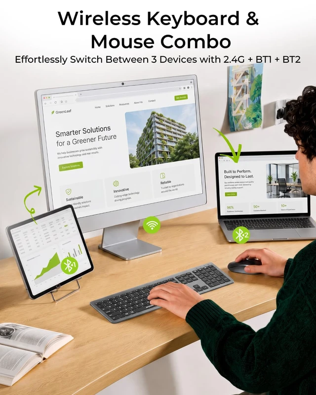 Alt view image 2 of 7 - Seenda Dark Gray Wireless Keyboard and Mouse Combo, Bluetooth & 2.4G