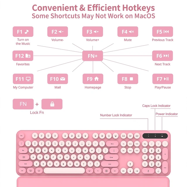 Alt view image 7 of 7 - Pink Wireless Keyboard and Mouse Combo, Magnetic Wrist Rest, Round Keycap | Ergonomic Cute Retro Typewriter Full-Size Keyboard Mouse with Number Pad, 2.4GHz Cordless USB for Windows, Mac, PC, Laptop