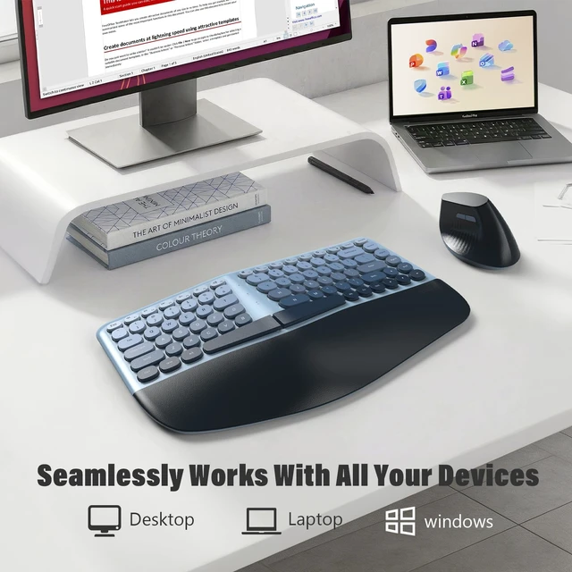 Alt view image 6 of 7 - MOFII Wireless Ergonomic Keyboard and Mouse Combo, Split Curved Keyboard with Wrist Rest, Vertical Mouse, 2.4G, for PC Laptop Desktop Mac- Blue Gradient Colorful