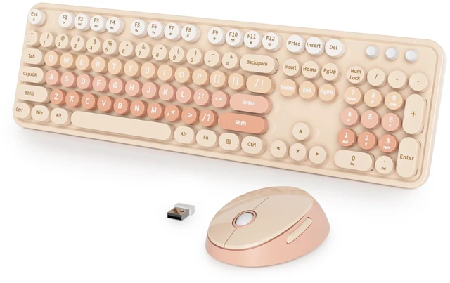 Main image of Vumilstek Cute Keyboard and Mouse Combo Wireless, 2.4G Full Size 104-Key Retro Typewriter Keyboards Round Keys for Students Teenagers Home Office PC Laptop(Diary Milk Tea)