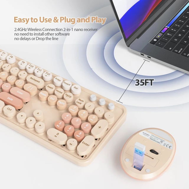Alt view image 2 of 7 - Vumilstek Cute Keyboard and Mouse Combo Wireless, 2.4G Full Size 104-Key Retro Typewriter Keyboards Round Keys for Students Teenagers Home Office PC Laptop(Diary Milk Tea)