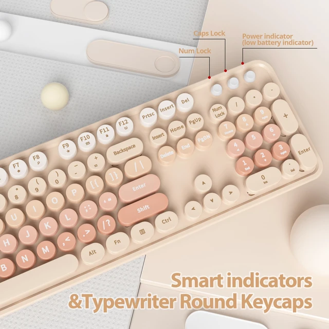 Alt view image 4 of 7 - Vumilstek Cute Keyboard and Mouse Combo Wireless, 2.4G Full Size 104-Key Retro Typewriter Keyboards Round Keys for Students Teenagers Home Office PC Laptop(Diary Milk Tea)