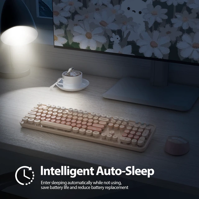 Alt view image 5 of 7 - Vumilstek Cute Keyboard and Mouse Combo Wireless, 2.4G Full Size 104-Key Retro Typewriter Keyboards Round Keys for Students Teenagers Home Office PC Laptop(Diary Milk Tea)